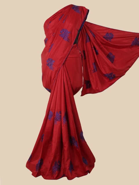 

Pothys Maroon & Blue Ethnic Motifs Embroidered Sana Art Silk Saree