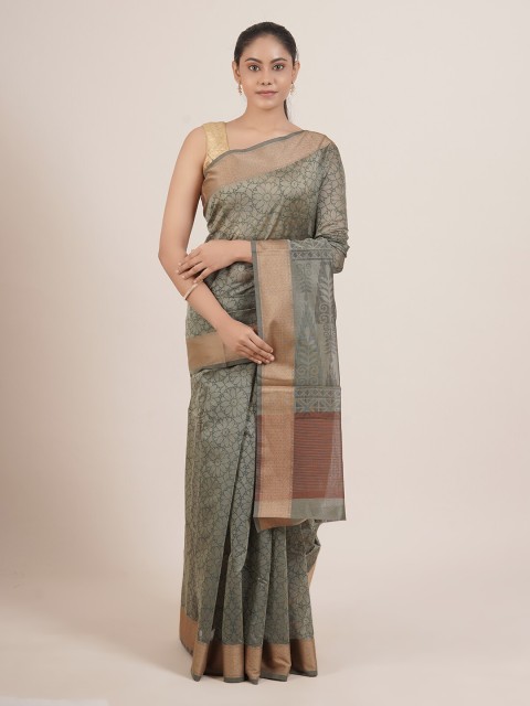 

Pothys Green & Gold-Toned Floral Zari Saree