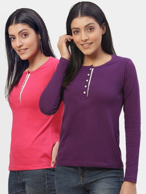 

The Dry State Women Pink & Purple 2 Henley Neck Slim Fit T-shirt
