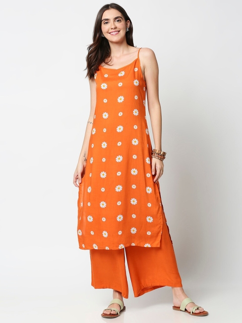 

Bewakoof Women Orange Floral Printed Pure Cotton Kurta with Palazzos