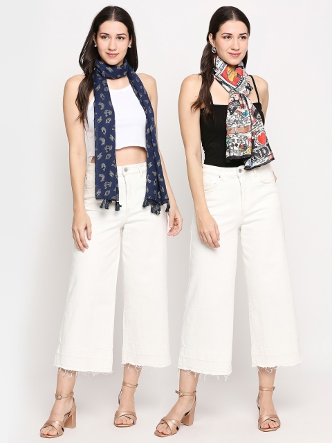

Get Wrapped Women Pack Of 2 White & Navy Blue Printed Scarf