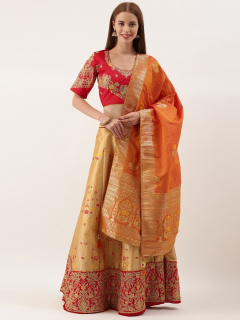 

Kvsfab Women Red & Gold-Toned Embroidered Semi- Stitched Lehenga & Blouse with Dupatta