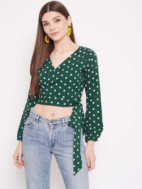 

Berrylush Women Green & White Crepe Polka Dot Wrap Crop Top