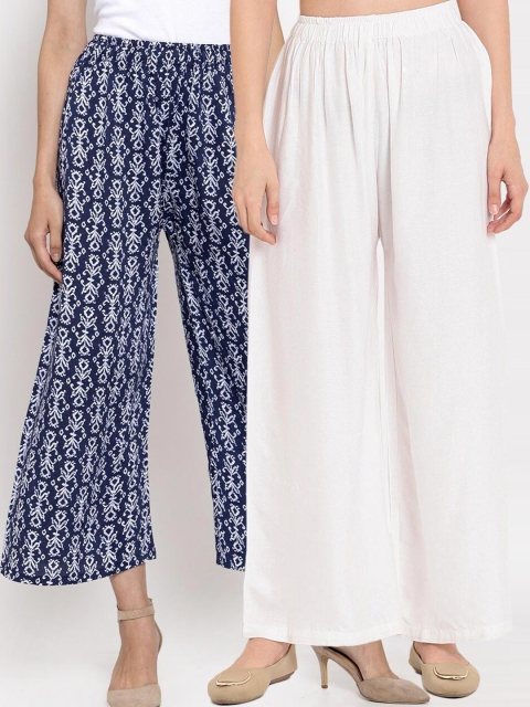 

TAG 7 Women Set of 2 White & Blue Ethnic Palazzos
