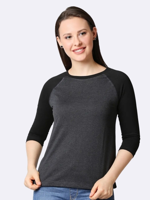

Bewakoof Women Grey Melange & Black Colourblocked T-shirt