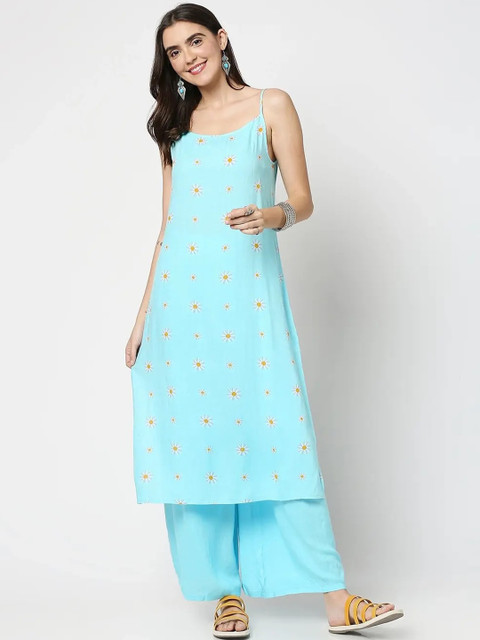 

Bewakoof Women Blue Floral Embroidered Layered Pure Cotton Kurti with Trousers