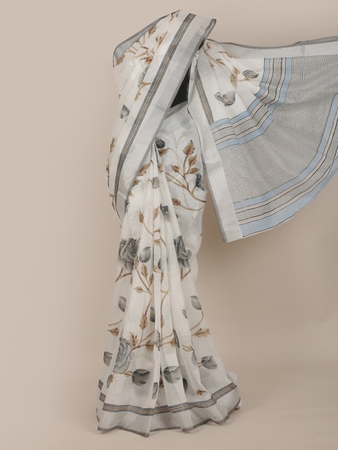 

Pothys White & Grey Floral Cotton Blend Saree
