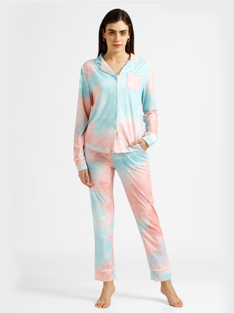 

iki chic Women Blue & Peach-Coloured Tie and Dye Night suit