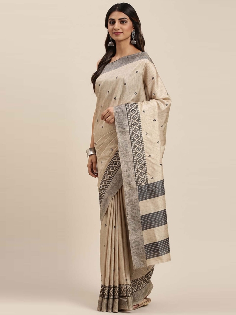 

Soch Beige & Grey Geometric Embroidered Tussar Saree