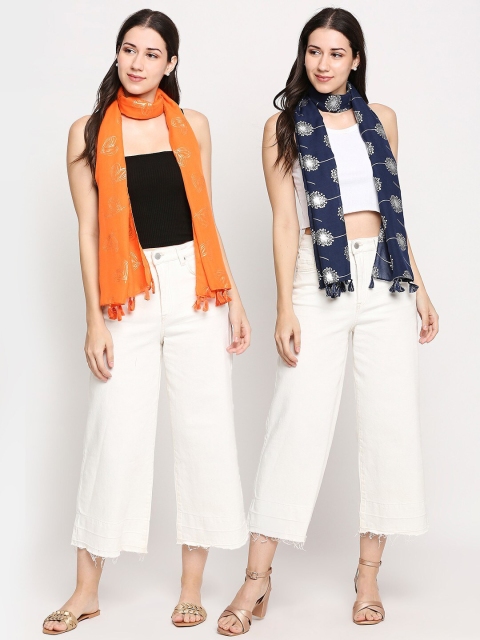 

Get Wrapped Women Orange & Navy Blue Pack of 2 Printed Scarves