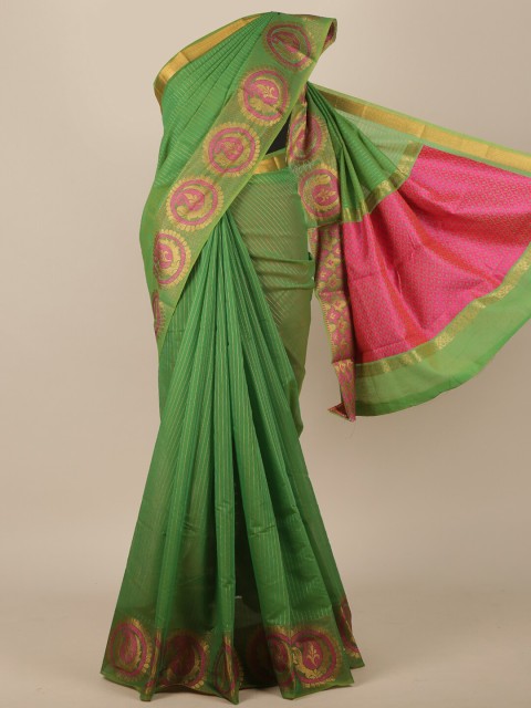

Pothys Green & Pink Striped Zari Pure Cotton Saree