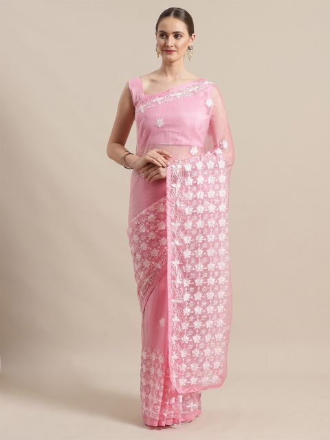 

Saree mall Pink & White Floral Organza Embroidered Sarees