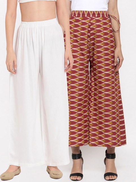 

TAG 7 Women White & Maroon Set of 2 Flared Ethnic Palazzos