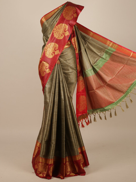 

Pothys Grey & Red Ethnic Motifs Zari Jute Silk Saree