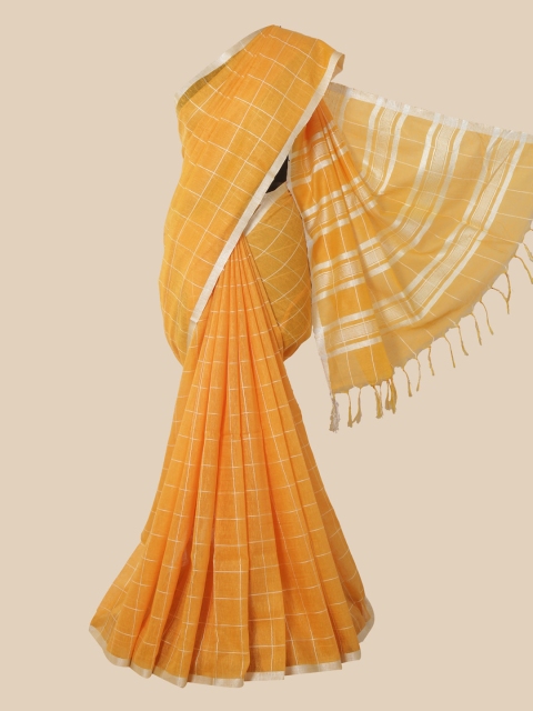 

Pothys Yellow & Silver-Toned Checked Saree