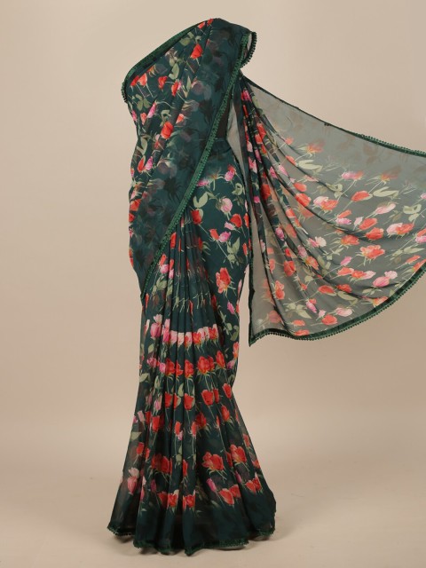 

Pothys Green & Red Floral Poly Chiffon Saree