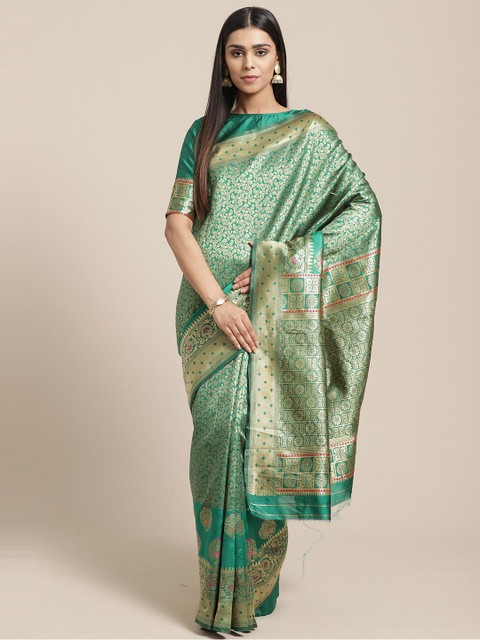 

Saree mall Green & Gold-Toned Woven Design Silk Blend Sarees