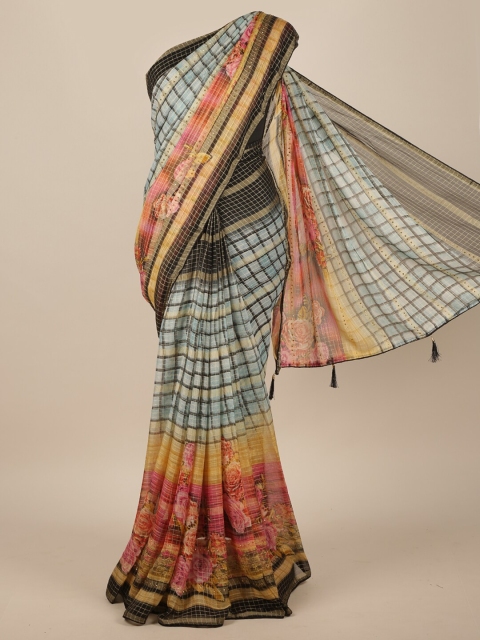 Pothys Blue & Yellow Checked Beads and Stones Saree