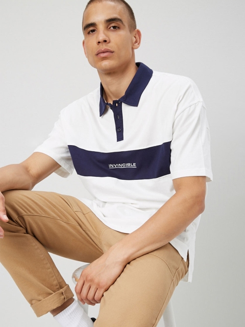 

FOREVER 21 Men White & Blue Colourblocked Polo Collar T-shirt