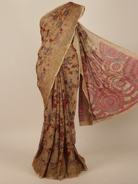 

Pothys Brown & Red Floral Chanderi Saree