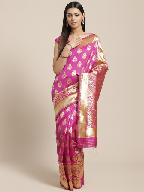 

Saree mall Pink & Gold-Toned Woven Design Zari Silk Blend Banarasi Sarees