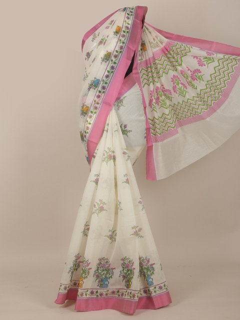 

Pothys Off White & Pink Floral Cotton Blend Saree
