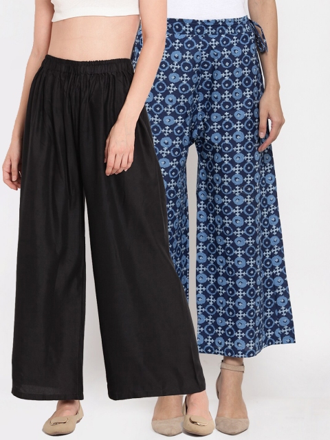 

TAG 7 Women Set Of 2 Black & Blue Flared Ethnic Palazzos
