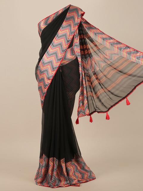 

Pothys Black Poly Chiffon Saree With Tasseled Pallu