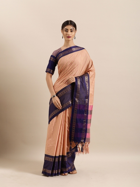 

Kvsfab Beige & Navy Blue Checked Zari Silk Cotton Saree