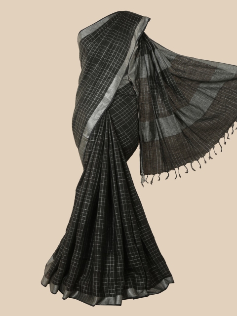 

Pothys Black & Silver-Toned Checked Linen Blend Saree