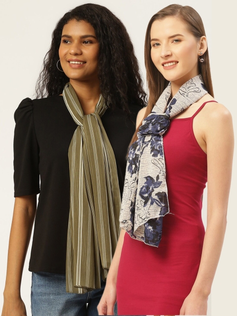 Trend Arrest Women Pack Of 2Beige & Blue Printed Scarf, Beige