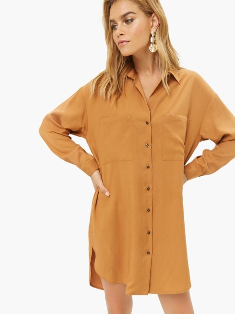 

FOREVER 21 Camel Brown Solid Shirt Dress