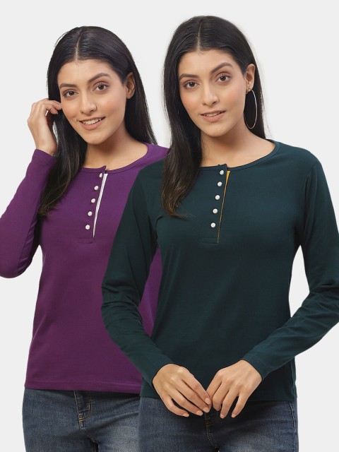 

The Dry State Women Pack of 2 Henley Neck Slim Fit T-shirt, Multi