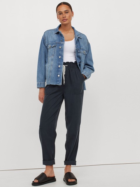 

H&M Women Blue Tapered Fit High-Rise Lyocell Paper Bag Trousers