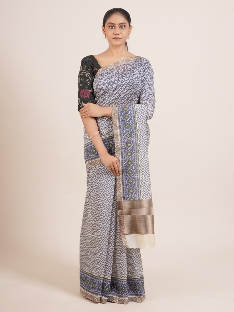 

Pothys Cream & Blue Woven Design Silk Blend Saree