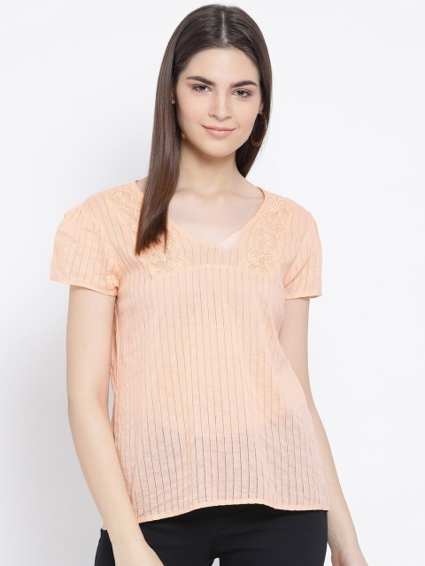 

Oxolloxo Women Orange Striped Regular Top