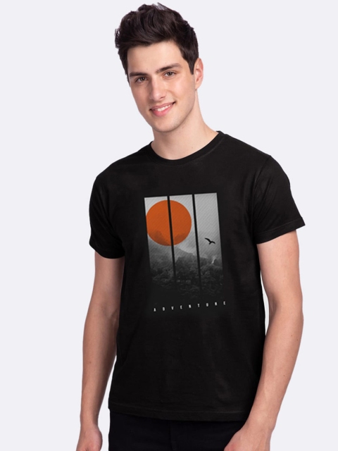

Bewakoof Men Black Printed Raw Edge T-shirt