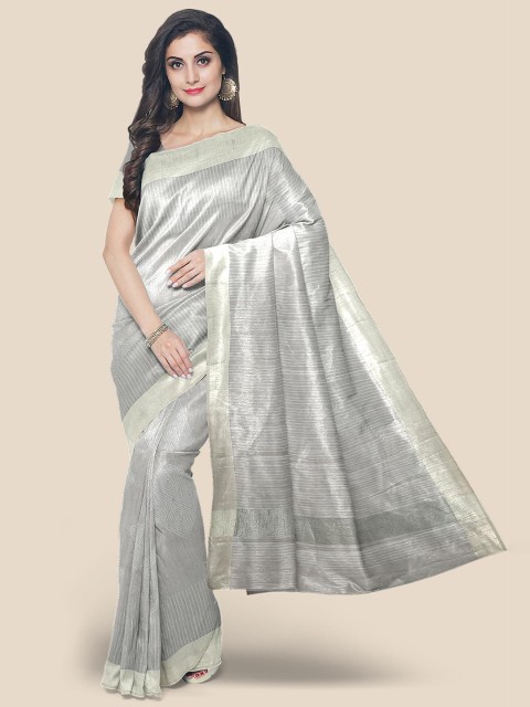 

KLM Fashion Mall Grey & Silver-Toned Linen Blend Banarasi Saree
