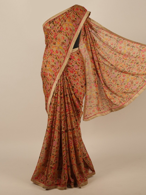 

Pothys Brown & Orange Floral Chanderi Saree
