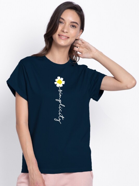 

Bewakoof Women Navy Blue & White Typography Printed Boxy T-shirt
