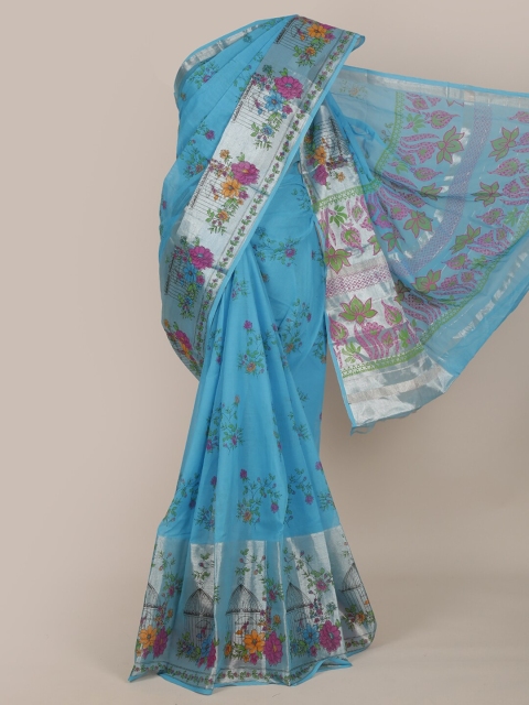 

Pothys Blue & Silver-Toned Floral Pure Cotton Saree