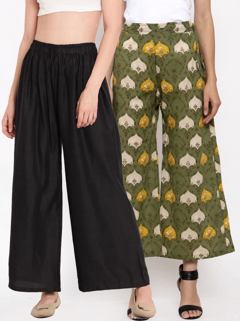 

TAG 7 Women Black & Olive Green 2 Flared Ethnic Palazzos