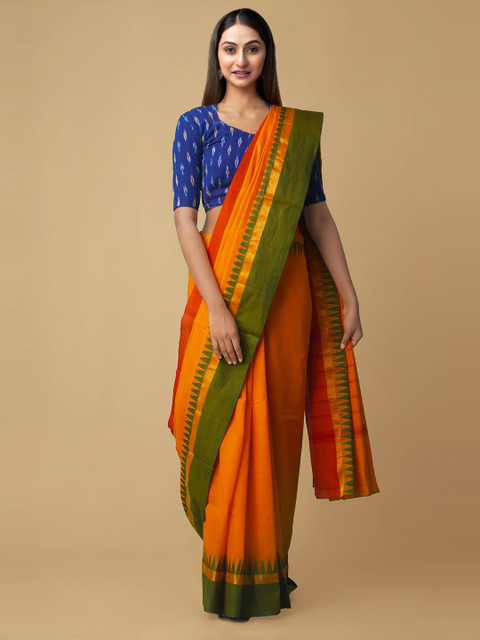 

Unnati Silks Orange & Green Pure Cotton Kanjeevaram Saree