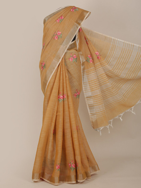 

Pothys Mustard & Pink Floral Embroidered Saree