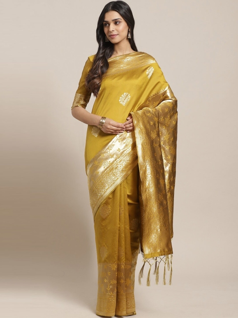 

Saree mall Mustard & Gold-Toned Floral Silk Blend Banarasi Sarees