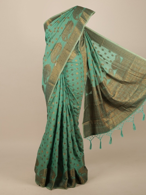 

Pothys Sea Green & Gold-Toned Ethnic Motifs Beads and Stones Jute Silk Saree