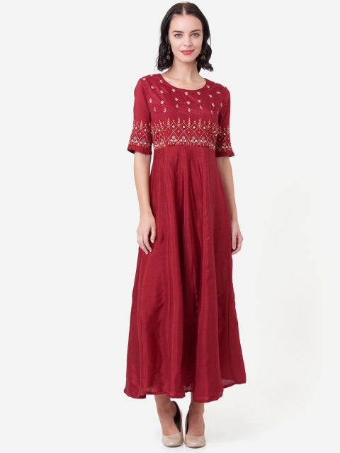

IMARA Women Red Floral Embroidered Maxi Dress