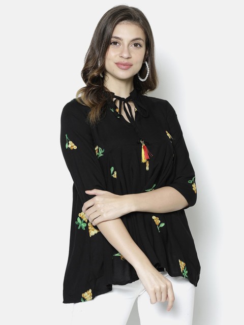 

V2 Value & Variety Black Floral Tie-Up Neck High-Low Top