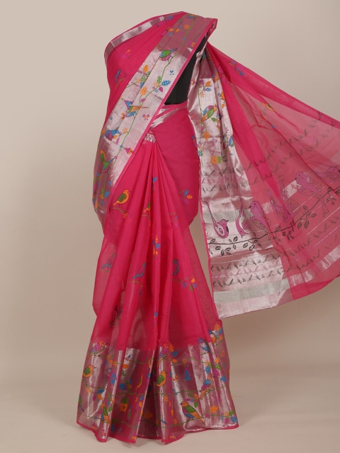 

Pothys Pink & Silver-Toned Floral Pure Cotton Saree