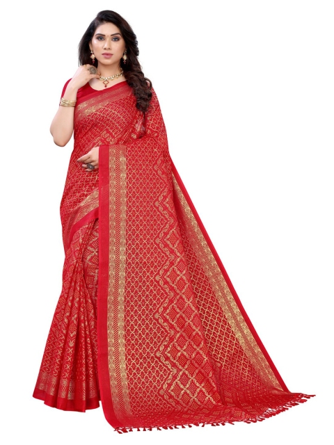 

KALINI Maroon & Gold-Toned Bandhani Zari Poly Cotton Bandhani Saree